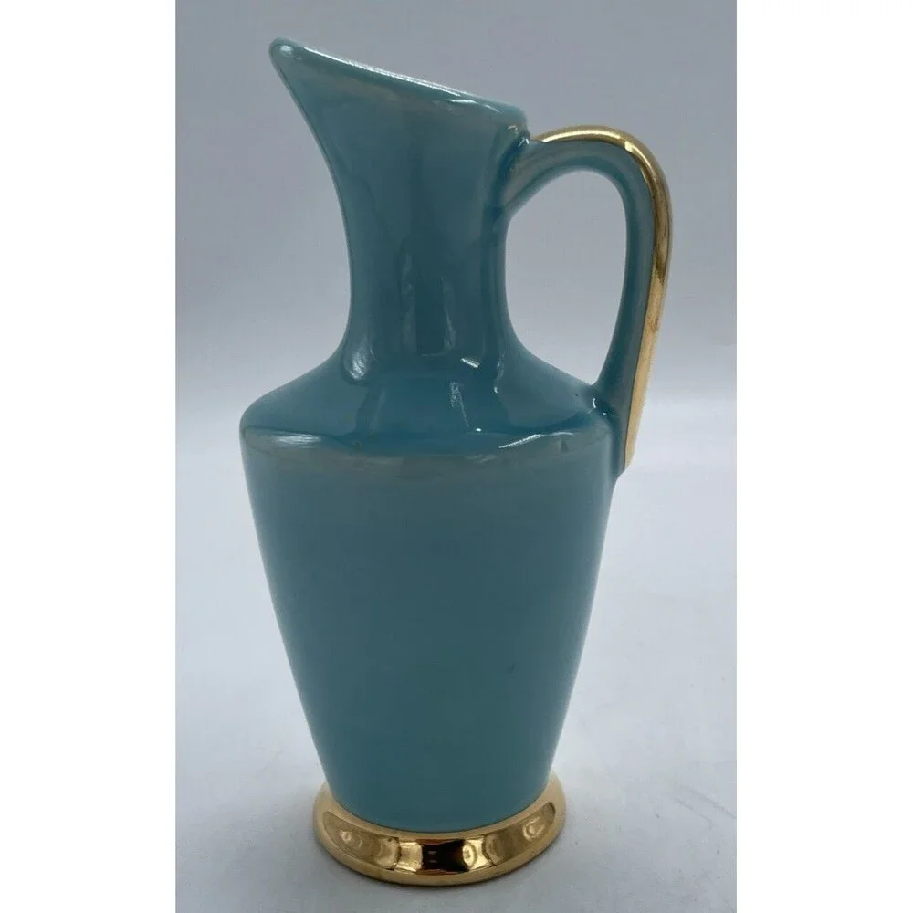 Vintage American Art Pottery Blue with Gold Gilt 7” Pitcher Vase Signed USA 210